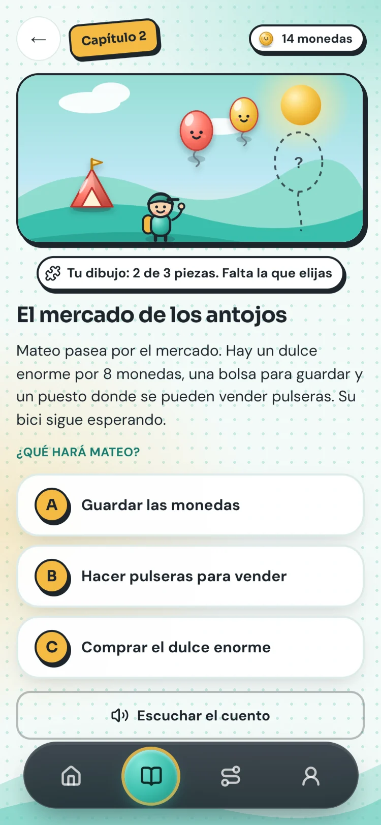 Pantalla de un cuento de la app con tres decisiones: comprar, guardar o vender pulseras