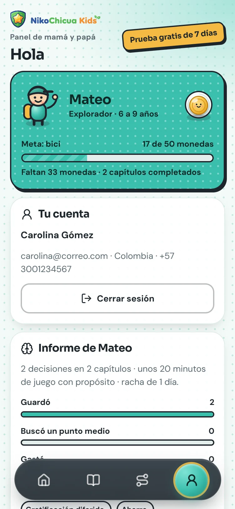 Panel de mamá y papá con el informe de decisiones del niño